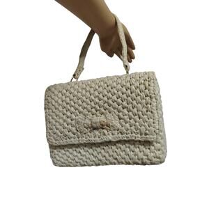 1970s Raffia Cream Top Handle Fold Over Rectangle Handbag Bag  Made In Japan